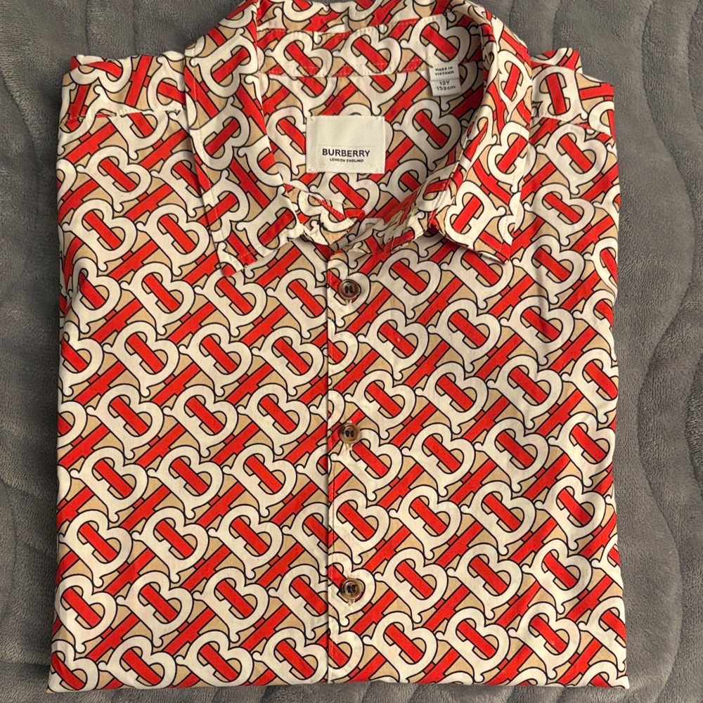 Burberry Kids Red and White Monogram Button Down Shirt